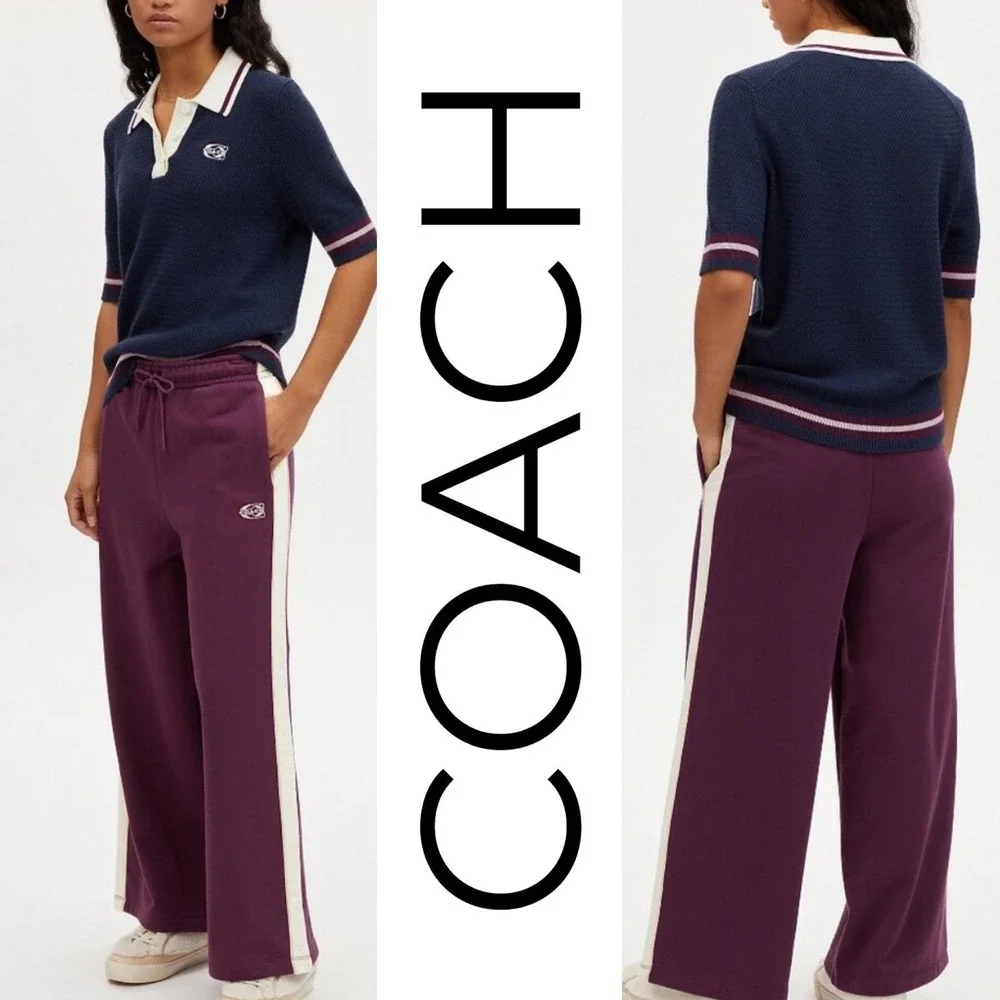 Coach NWT Sporty Wide Leg Cotton Track Pants Beet Purple Terrycloth Logo Women M